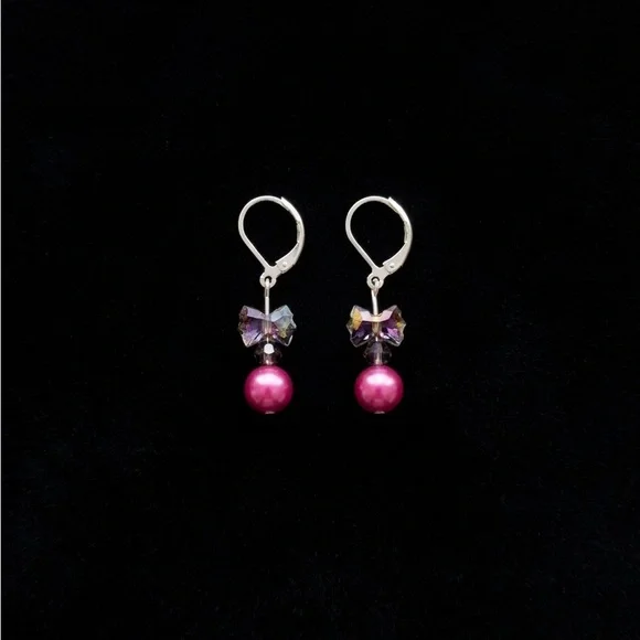 Crystal Bow & Pink Pearl Dangle Earrings - Picture 2 of 4